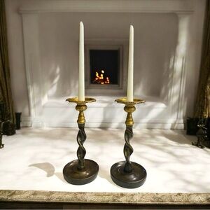 Maitland Smith Barley Twist Candle Holder Brass Bronze Taper Pillar 13” Set of 2